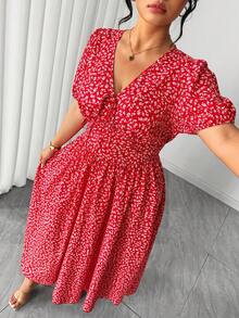 Elenzga Fashionable Casual Spring/Summer Vacation French Romantic Retro Elegant Tie Bow Red Ditsy Floral Dress - Red - View 6