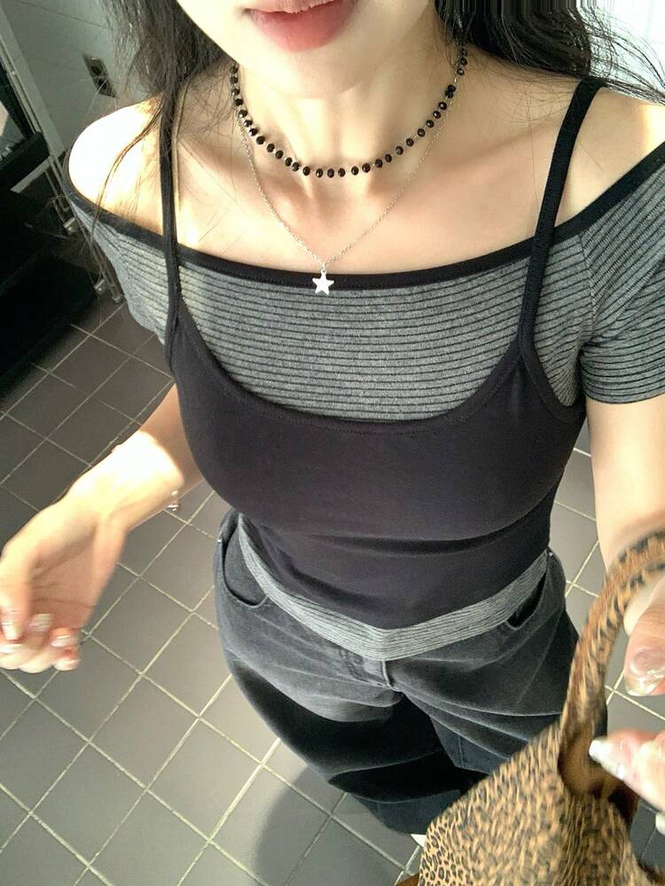 Women's Layered Tie-Up Halter Neck Short Sleeve T-Shirt, Stylish Sexy Slim Fit 2 Pieces Versatile Top