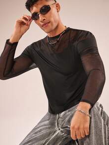 FeverCity Men's Semi-Transparent Mesh Patchwork Round Neck Pullover Long-Sleeved T-Shirt - Black - View 4
