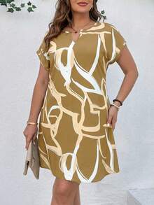 SHEIN LUNE Đầm ngắn tay in họa tiết bất đối xứng cỡ lớn, kiểu dáng thường ngày, thích hợp cho mùa hè. - màu nâu - Xem 3