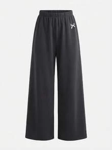 SHEIN 少女蝴蝶结印花T恤和打底裤两件套，休闲日常时尚百搭 - 深灰色 - 查看 6