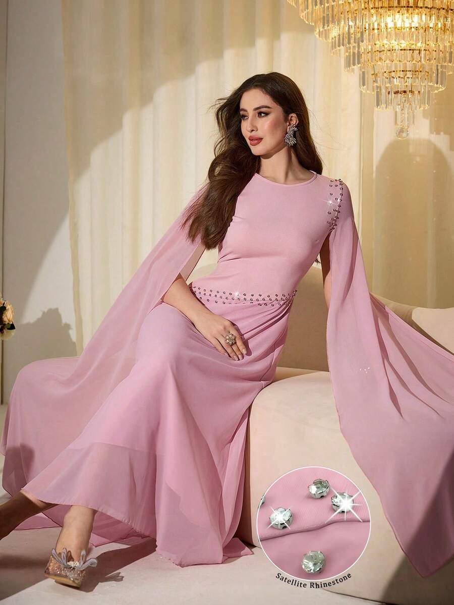 Modelyn Đầm nữ thanh lịch ôm sát, đính đá lấp lánh, kiểu Pháp tinh tế, màu hồng.