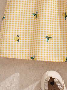 Souflis Souflis Đầm ngắn tay in họa tiết kẻ caro thắt nơ cho bé gái - Màu vàng - Xem 7