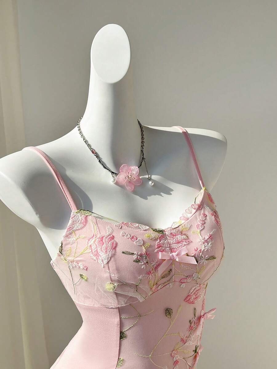 Elamini Áo hai dây nữ màu vàng phối bèo nhún cổ chữ V, eo thắt, thanh lịch, lãng mạn, cổ điển, phù hợp cho kỳ nghỉ xuân/hè, mặc thường ngày, hẹn hò, mua sắm. - Hồng - Xem 1