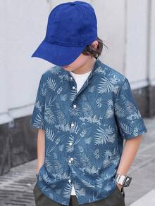 SHEIN Teen Boys' Summer Vibe Palm Tree Print Collared Short Sleeve Shirt, Casual, Comfortable, Fashionable, Versatile, Soft Fabric, Suitable For Daily Wear, School, Travel, Outdoor Activities, Music Festivals, Holidays, Beach Vacations, Summer Vibes, Festivals, Spring/Summer Summer Shirt Hawaii Shirt Beach Shirt - Blue - View 7