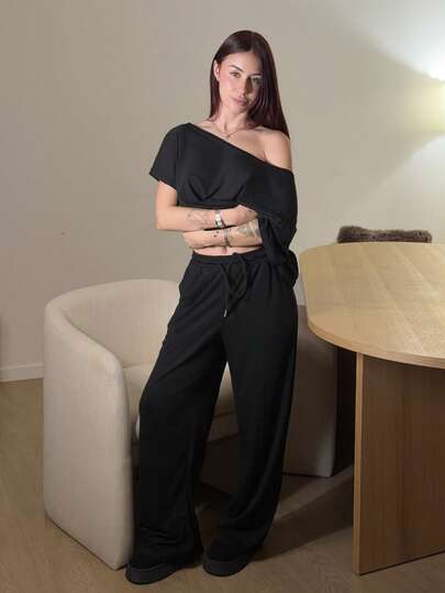 Abrilcols 女士夏季简约街头服饰基本款日常穿着外出运动舒适露肩T恤和阔腿运动裤两件套服装