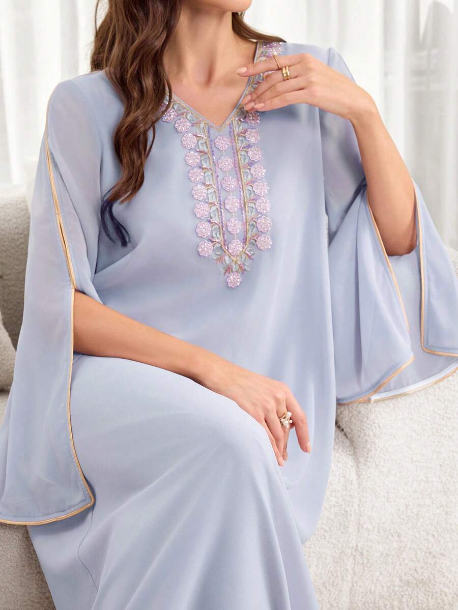 Al Najma 女士V领披肩袖复古夏季阿拉伯连衣裙 - 藍色 - 查看 1