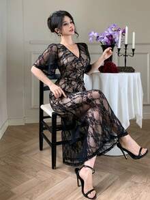 DAZY Abito in pizzo nero primaverile/estivo, elegante per San Valentino, matrimonio, festa, occasione formale, evento di moda, pendolarismo, maniche a sbuffo, vita stretta, orlo a sirena, abito midi a maniche lunghe in tulle trasparente per donna - nero - Visualizzare 7