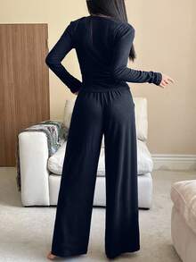 DAZY 舒适针织半拉链修身上衣和宽松睡裤女士睡衣套装，秋冬服装 - 藏蓝色 - 查看 2