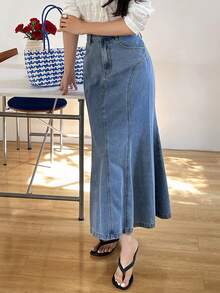 DAZY 女士常规腰长款鱼尾裙，优雅水洗弹力修身牛仔裙 - 中等水洗藍 - 查看 2