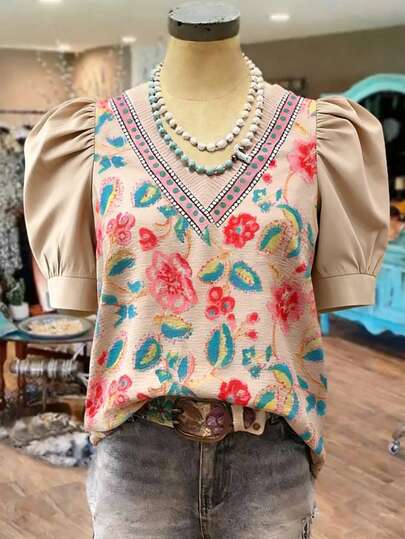 Linhara Plus Size Women V-Neck Ditsy Floral Blouse, Contrast Trim Puff Sleeve Design, Vintage Countryside Style Short Sleeve Casual Shirt For Summer