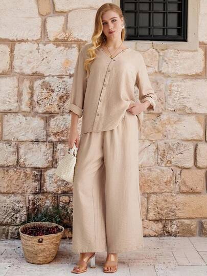 Parysyn Plus Size Women's Casual Rayon Blend Lounge Set Long Sleeve V Neck Shirt And  High Waisted Wide Leg Trousers Blouse And Pants Set Pant Suit Summer Sets Summer Suits For Women 2 Piece Linen Sets Woman Linen Outfit Linen Pants Set Shirt And Pants Set Beige Two Piece Set