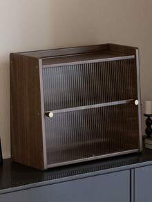 Caja de almacenamiento de cocina sin agujeros con puerta corrediza de acrílico. Estilo retro, ideal para almacenar artículos pequeños y cristalería. Perfecto para usar en el mostrador. Diseño trapezoidal, fácil de instalar - Nuez - Ver 2