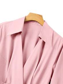 GlowEve CURVE 大码女式休闲纯色翻领灯笼袖纽扣褶裥腰部A字连衣裙 - 粉色 - 查看 3