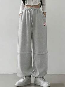 FRIFUL Women's Elastic Waist Detachable Wide Leg Sweatpants, Loose Fit Casual Pants For Spring To Summer - Grey - View 2