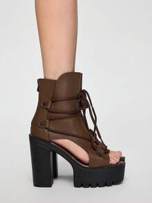 ROMWE Goth Women's New Fashion Platform Lightweight High Heel Hollow Lace-Up Retro Roman Sandals, Black/Brown Ankle Boots And Open-Toe Booties - Mocha Brown - View 5