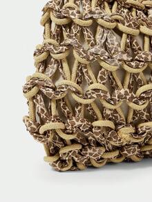 SHECARRY Ladies, Women Shoulder Bag, Hobo Bag, Fashionable, Elegant, Simple, Personalized, Versatile, Classic, Crochet Bag, Orange And Gold, Hollow, For Beach, Vacation, Holiday, Summer, Seaside - Khaki - View 6