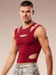 FeverCity 男士纯色圆领无袖镂空修身时尚夏季背心 - 紅色 - 查看 6