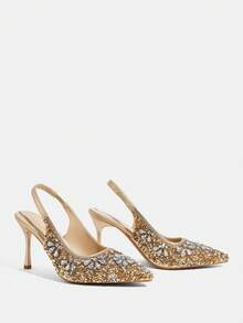 CUCCOO TILAWA Women Shoes Women's Fashion Pointed Metal Rhinestones Sparkling Evening Wedding Lightweight Daily Commuter Party Wind Outdoor Pedal Stiletto High Heel Shoes - Gold - View 3