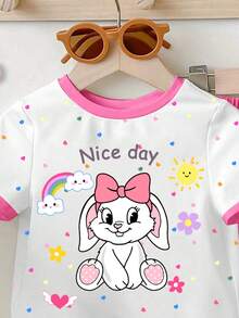 一套女婴可爱兔耳豹纹爱心印花圆领短袖T恤和针织喇叭裤套装，卡通兔子印花，春夏皆宜，夏季套装，复活节套装 - 彩色 - 查看 5