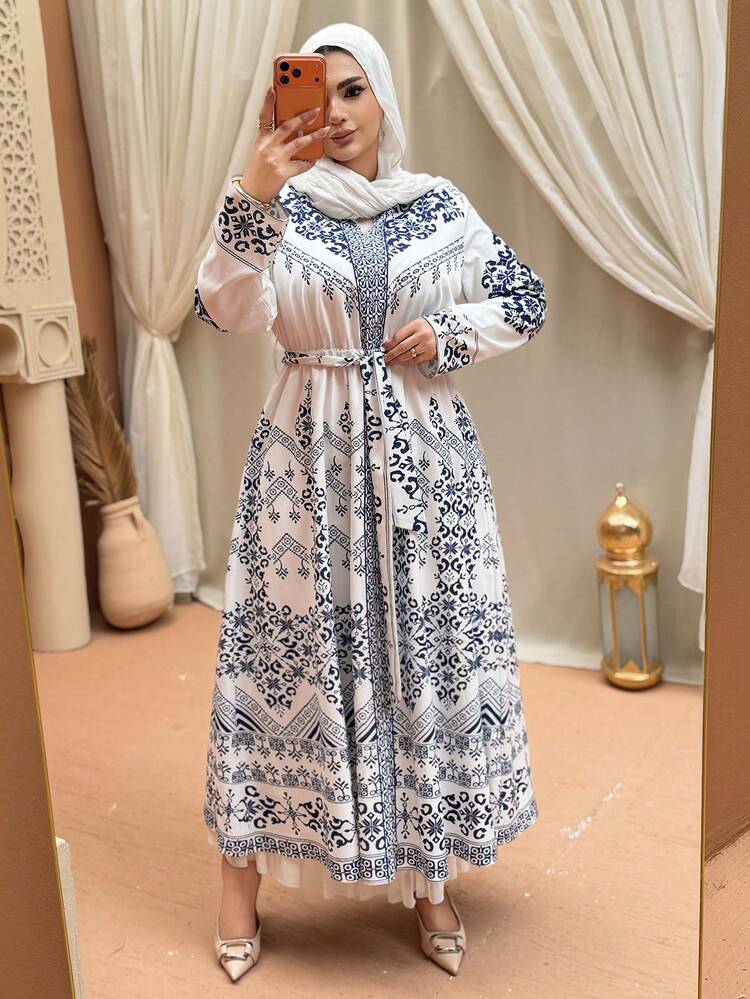 Dazy Plus Floral Retro Print Tie Waist Dress, Elegant Plus Size Women Spring/Summer Sundress Boho Vacation Outfits Women