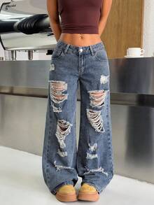 SHEIN PETITE Summer PETITE Women's Casual Summer Vacation Outfits For Women Pocket Distressed Wide Leg Loose Casual Frayed Hem Blue Washed Straight Leg Jeans - Dark Wash - View 6