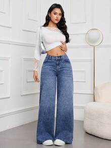 SHEIN Tall Women's Summer Low Waist Pockets Wide Leg Loose Casual Versatile Jeans - Blue - View 3