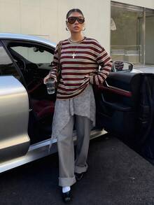 Muchica 大码宽松圆领落肩长袖条纹T恤 - 酒紅色 - 查看 5