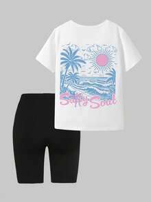 SHEIN ChillGRL 2件套少女沙滩波浪印花休闲舒适圆领白色短袖T恤和黑色紧身短裤套装，时尚图案T恤和短裤，适合所有季节，日常穿着，户外活动 - 白色 - 查看 2