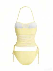 Swim Vcay Conjunto de tankini de unicolor con tirantes desmontables, adecuado para vacaciones en la playa - Crema - Ver 2