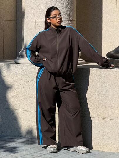 Muchica Plus Size Contrast Color Striped Long Sleeve Drop Shoulder Zip-Up Jacket And Pants 2 Pieces Set