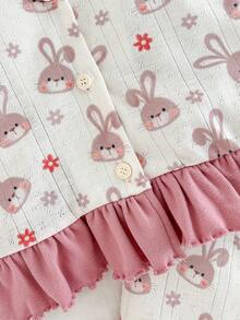 Cozy Pixies Baby Girl Cute Cartoon Rabbit Pattern Off-White Pajama Set,Autumn Long Sleeve Cardigan & Elastic Waist Pants 2 Pieces Soft Sleepwear Bunny Print - Multicolor - View 3