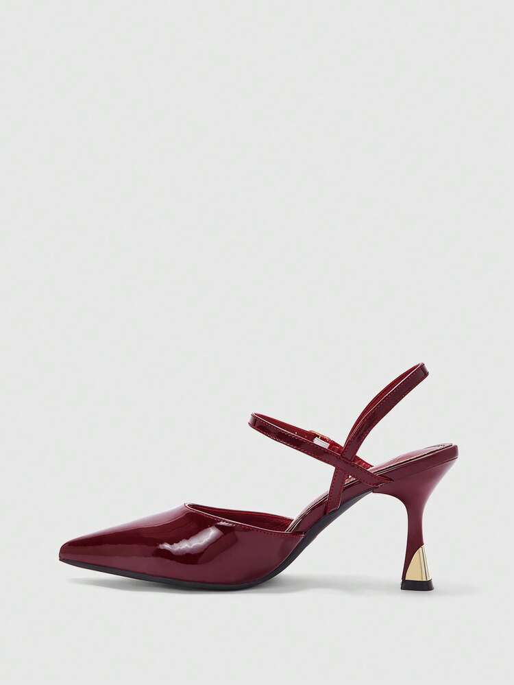 CUCCOO BIZCHIC Women Shoes Women's Pointed Thin High Heel Burgundy Mirror Back Ankle Strap Slingback Women's High Heel Shoes Stylish And Comfortable Commuters Business Versatile Women's Slingback Shoes Spring Shoes