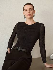 MOTF PREMIUM FASHIONABLE SHINY GATHERED RUCHED DETAIL STRETCHY KNIT LONG SLEEVE T-SHIRT, AUTUMN/WINTER - Black - View 1