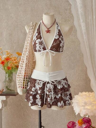 Bellisia Women's Summer Beach Music Festival Flower Pattern Skirt Halter Casual Vacation Style Bikini 3-Piece Set