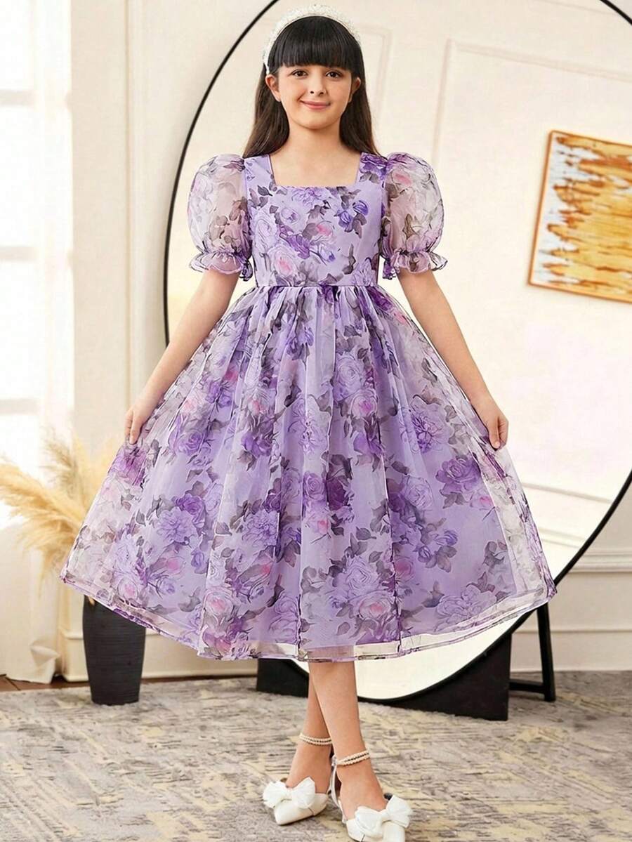 SHEIN Đầm ôm dáng thanh lịch họa tiết hoa tay phồng dành cho bé gái tuổi teen - Màu tím hoa cà - Xem 1