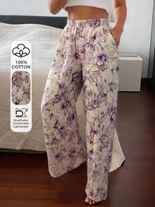 DAZY Pantaloni pigiama a gamba dritta e ampia con stampa floreale, per donne, primavera e autunno - Viola - Visualizzare 1