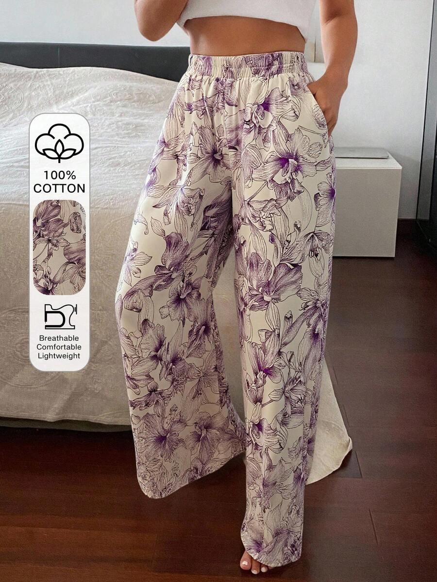 DAZY Pantaloni pigiama a gamba dritta e ampia con stampa floreale, per donne, primavera e autunno - Viola - Visualizzare 1