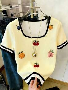 Resyla 女士常规款水果刺绣休闲短袖露脐T恤 - 黃色 - 查看 3