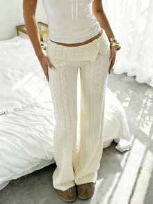 CovetEZ 女士休闲喇叭针织裤，腰部扭结设计 - 白色 - 查看 4