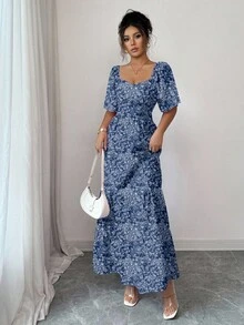Elenzga 夏季短袖度假沙滩音乐节甜心领碎花连衣裙 - 藍色 - 查看 4