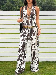 SHEIN EZwear Western Style Sleeveless Halter Backless Asymmetrical Print Summer Fashion Set - Mocha Brown - View 5