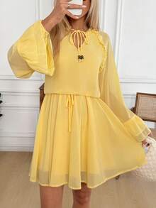 Easowa Đầm dài tay cổ bèo nhún, thắt nơ, eo chun, dáng chữ A, thoải mái, rộng rãi, thanh lịch, thích hợp đi làm, vintage, đi nghỉ mát, xuân/hè, mini cho nữ, đầm đi nghỉ mát, boho, gợi cảm, đầm hè, đầm chiffon, đầm tay bèo nhún, đầm vàng, đầm dài tay, đầm chiffon cho nữ, đầm dài tay màu vàng cho nữ. - Màu nâu Sô-cô-la - Xem 3
