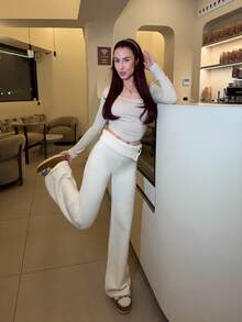 Abrilcols Women's Autumn And Winter Clothing Home Simple Comfortable Sweet Casual Thermal Lined Warm White Double-Layer Waist Design Buttons Asymmetrical Beige Simple Sweater Trousers, Daily Wear,Fall - White - View 1