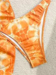 Soleia Women's Floral Print Halter Neck Bikini Set With Sarong Skirt - Orange - View 4