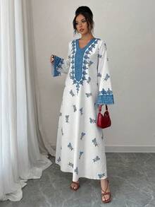 Yasmyna Women's Loose Fit Printed Long Sleeve Arabic Style Dress Mediterranean Al-Adha Summer Caftan Boho Tops Tunic Blouse Long Summer Dress - Blue - View 5