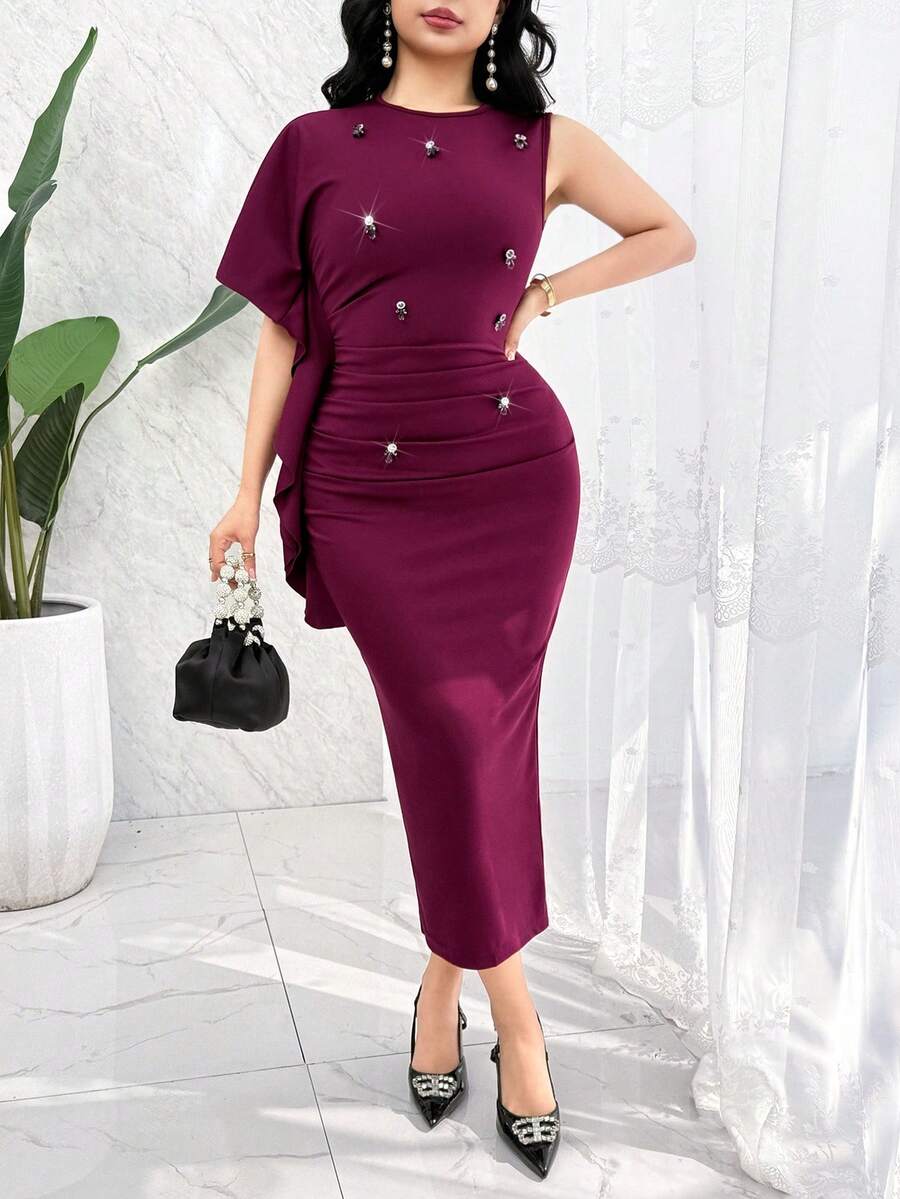 Modelyn Đầm midi xếp ly thanh lịch dành cho nữ dự tiệc - Màu đỏ tím - Xem 1