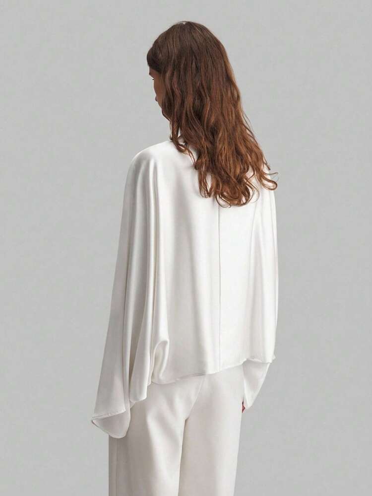 2026SS Women's Satin Oversized One-Shoulder Minimalist Elegant Business Casual Top, Boat Neck Long Sleeve Ladies Blouse For Urban Commute, Business, Casual, Vacation, Wedding Guest, Party, Holiday, Beach, Office Wear