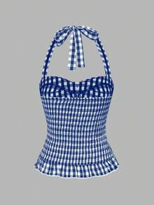 ROMWE Avant Women's Romantic Vacation Style Polka Dot & Plaid Backless Halter Neck Camisole Set - Blue - View 6