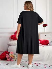 SHEIN CURVE+ 加大码/情人节/大码舒适弹力长袖短袖黑色休闲连衣裙，夏季百搭 - 黑色 - 查看 2